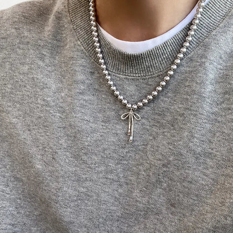 Fashion Grey Imitation Pearl Bow Tie Pendant Necklace for Women Simple Handmade Bow Shaped Earrings Trend Jewelry Set