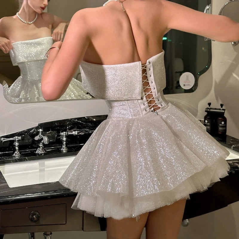 Elegant Glitter Hight Waist Solid Party Dress Fashion Backless Slim Evening Dress Sexy Strapless Sleeveless Bodycon Mini Dresses