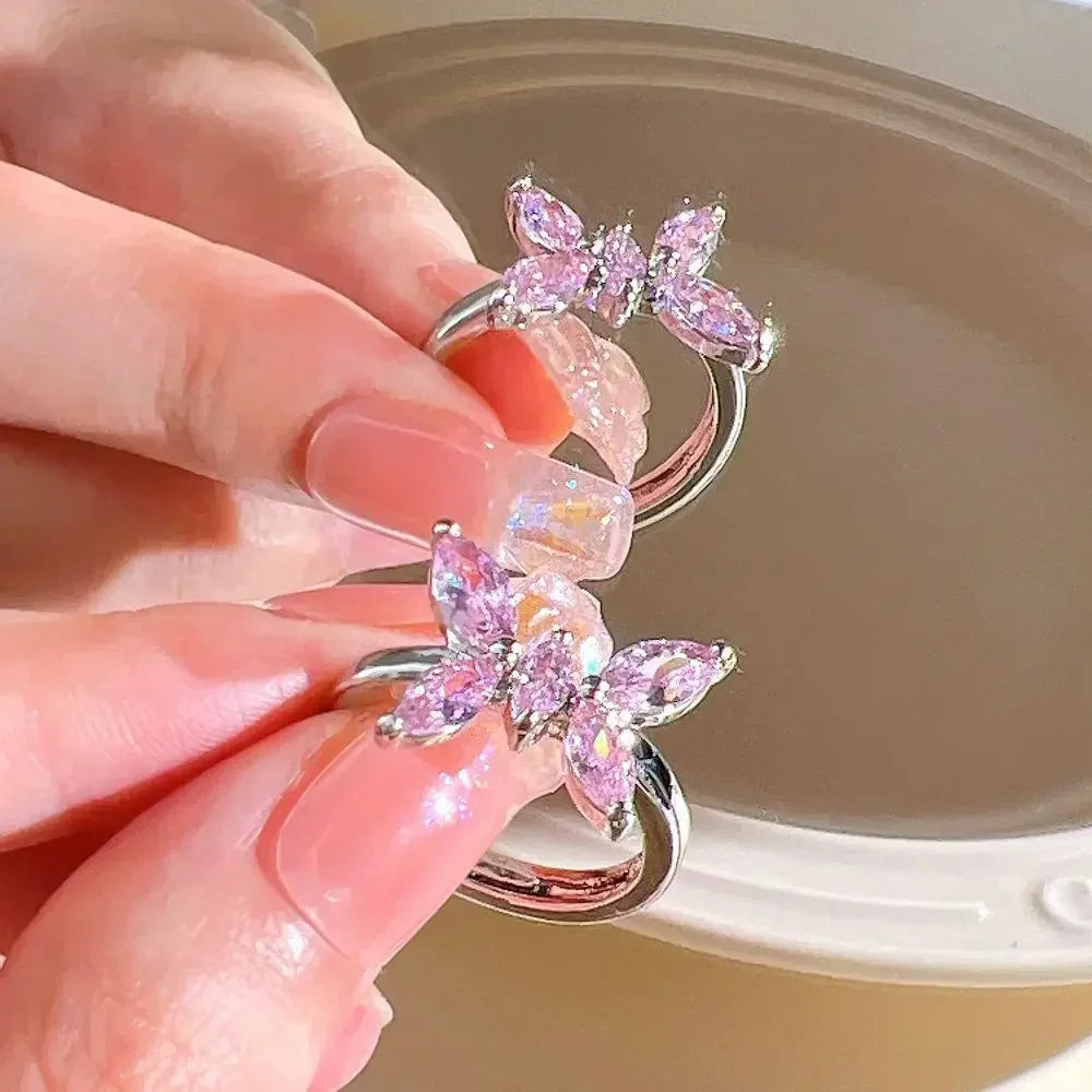 Adjustable Crystal Rings Y2K Pink Irregular Geometry Vintage Bowknot Heart Ring Set for Women Girl 2023 New Fashion Jewelry Gift