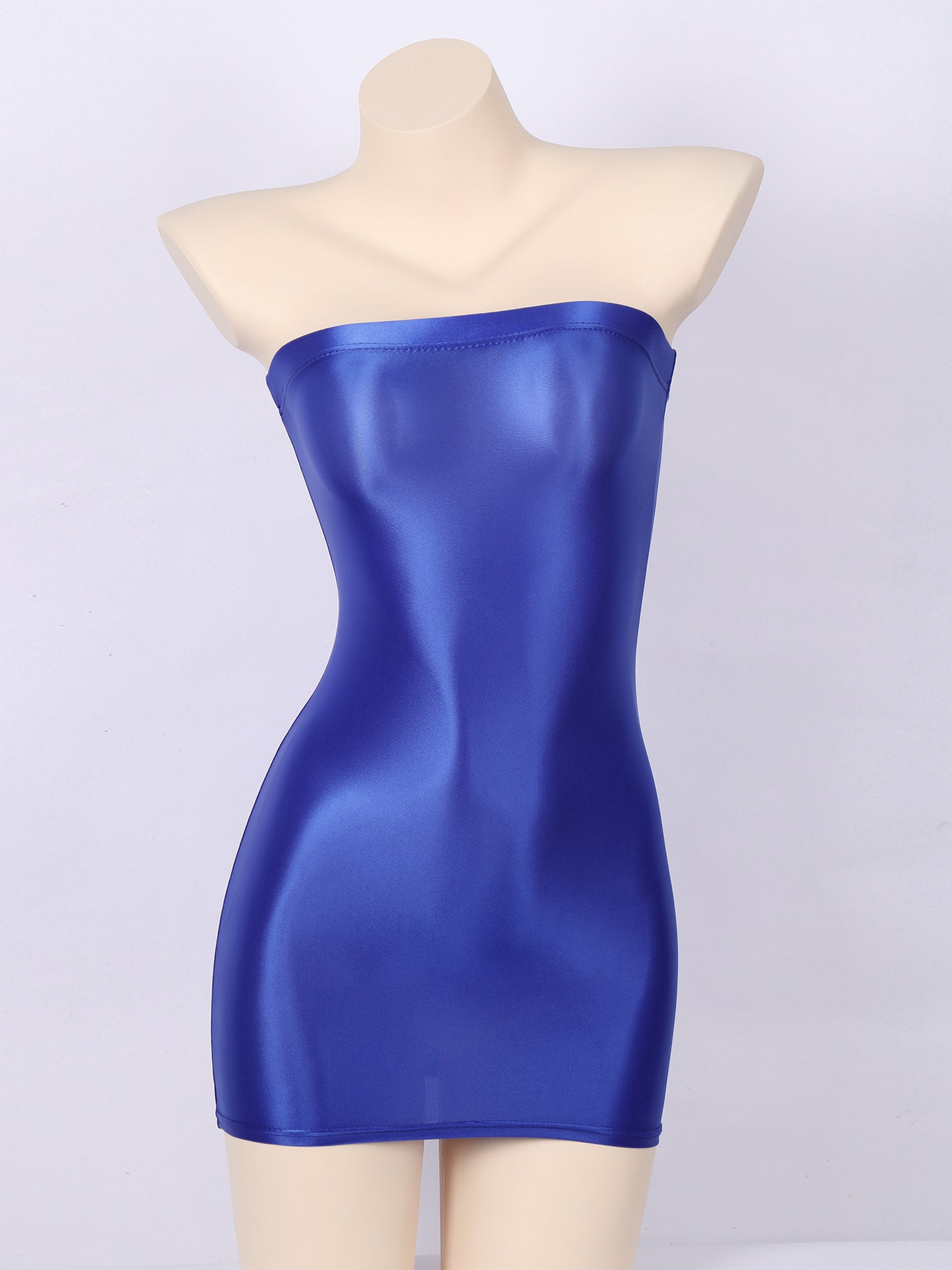 Sexy Women Oil Glossy Sheer Bodycon Dress Females See Through Strapless Pencil Dress Smooth Tight Mini Dress Clubwear