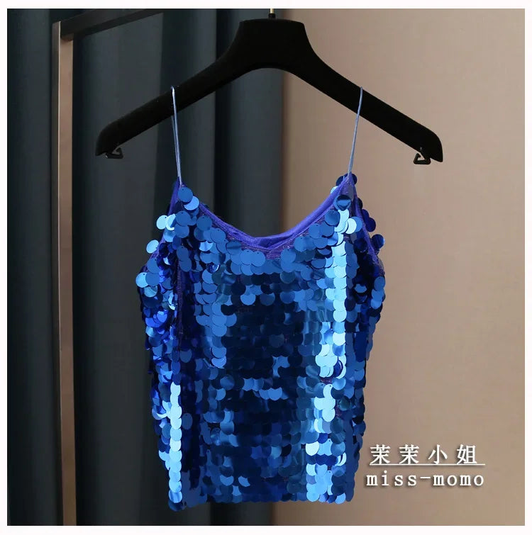 Women Sequins Temperament Sexy Peplum Camisole Top V Neck Strap Camis Club Girls Sequin Sleeveless Short Camisole Vest Tops 2024
