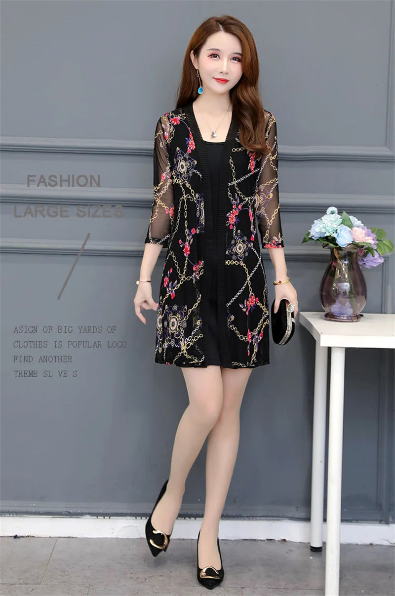 2024 Female Mid Length Large Size Sun Protection Cardigan Tops Coat Women Summer Gauze Lace Print Thin Sun Sunscreen Jacket 5XL