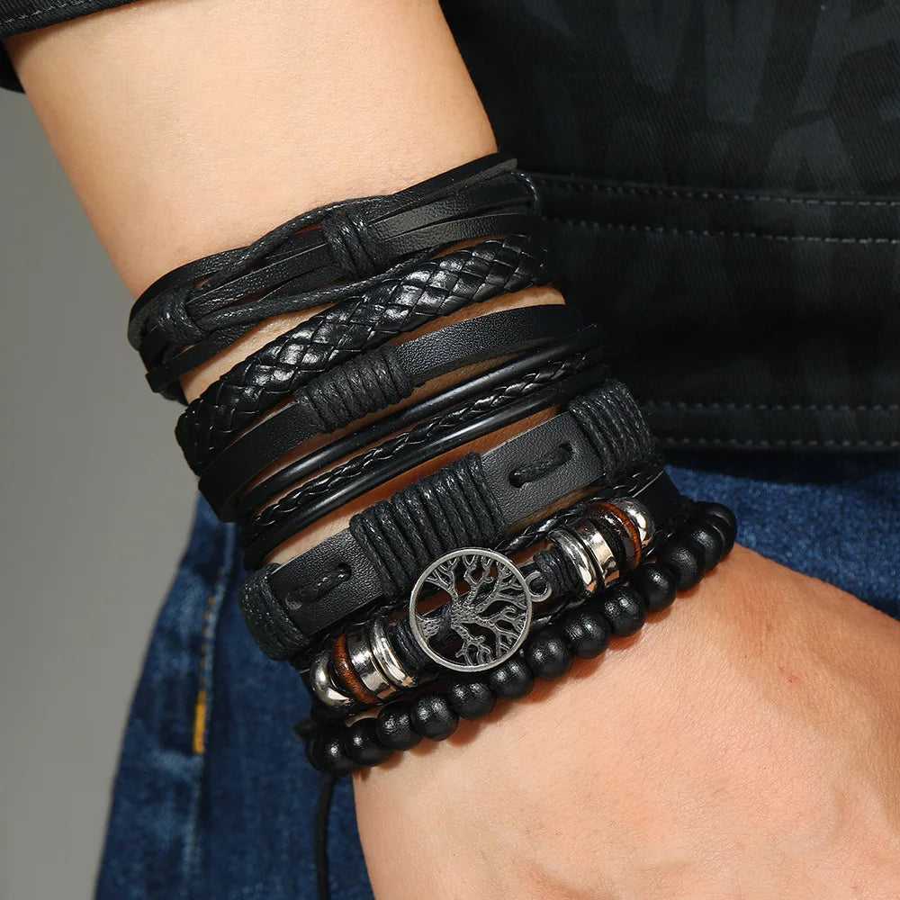 Red 6 Pc/set Tree Black Wrap Woven Handmade Wood Beads Bracelets Male Women Leather Bracelets Men Bangle Wholesale Jewelry Gift