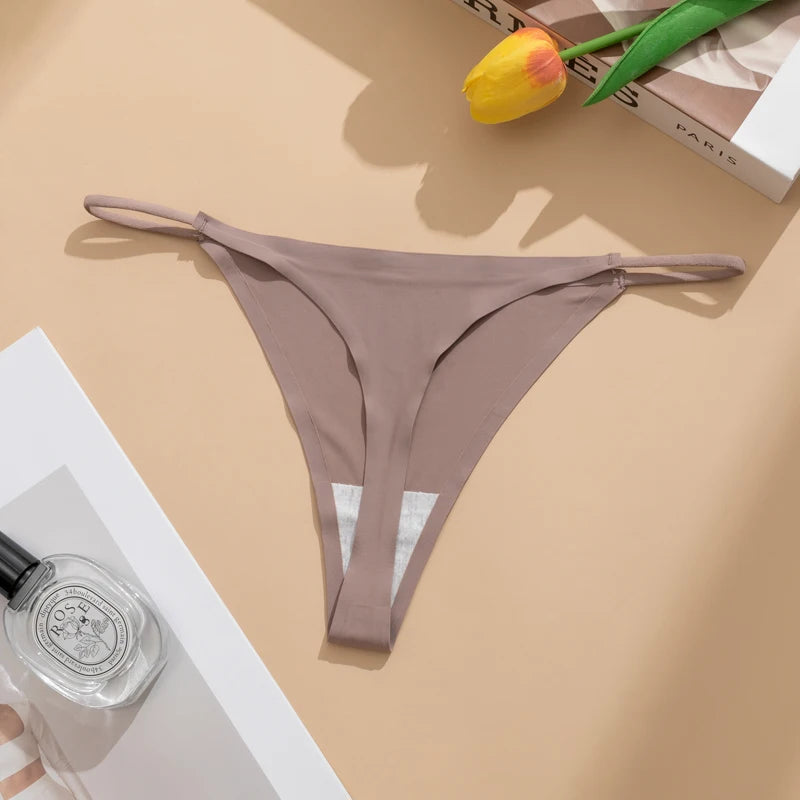 Women's Sexy Lightweight Ice Silk Seamless Knit Thong with Thin Straps - No Show Panty Underwear Lingerie Intimate Apparel