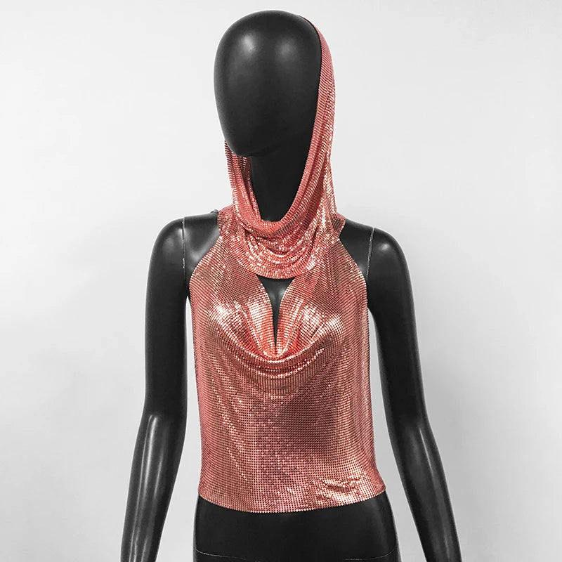 Women Metal Sequins Tank Top With Turban 2 Piece Sexy V Neck Backless Suspender Top Rave Festival Party Nightclub Camisole