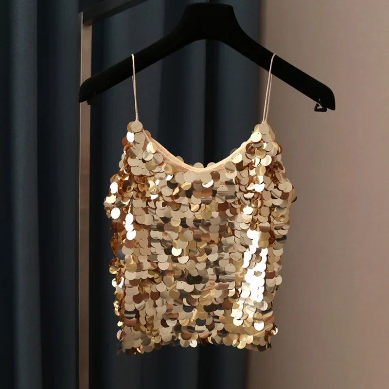 Women Sequins Temperament Sexy Peplum Camisole Top V Neck Strap Camis Club Girls Sequin Sleeveless Short Camisole Vest Tops 2024
