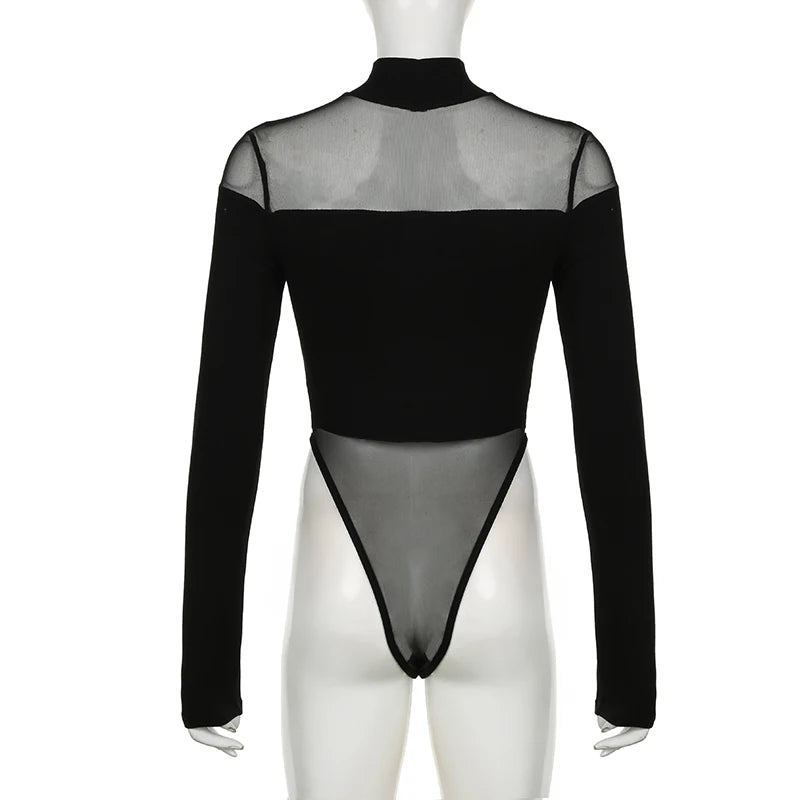 CIBBAR Black Hollow Out Bodysuit Mesh Patchwork Solid Full Sleeve See Through Bodycon Jumpsuit for Women Club Party Outfits Lady