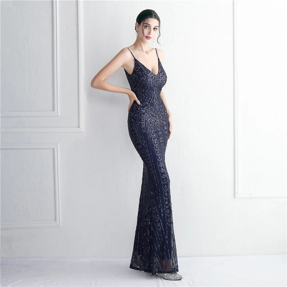 Women's Black Long Sleeve Padded Strap Sequin Dress Length, Sparkles Stretch, V Neck Mermaid, Formal Evening Dress, Night Party