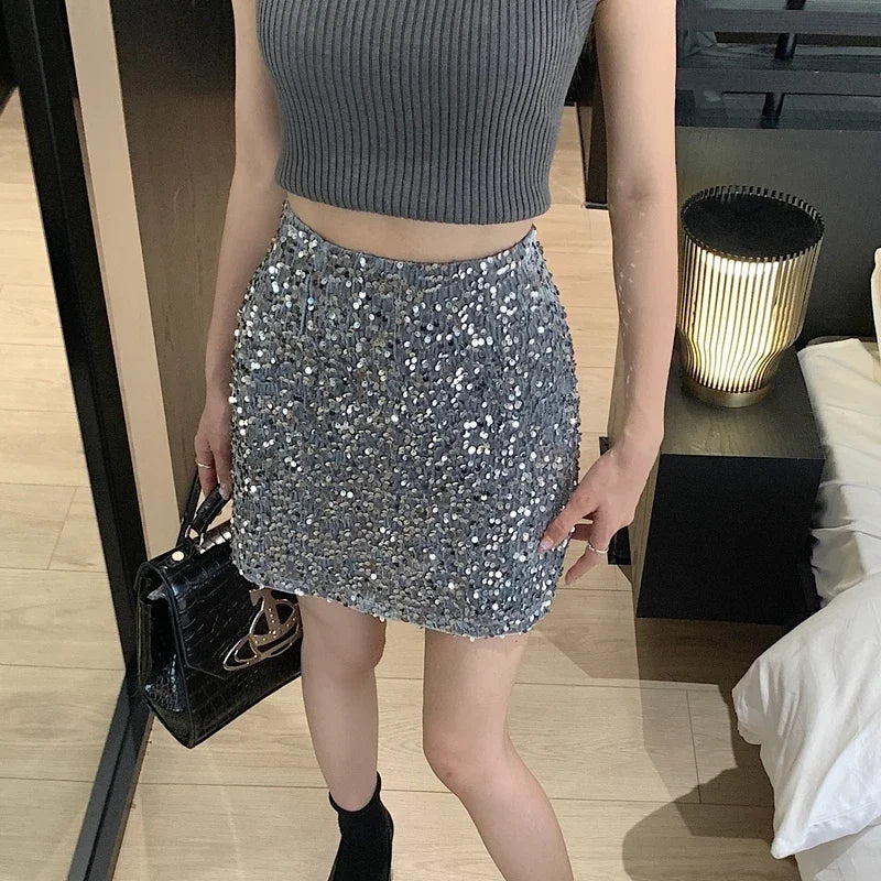 High Waist Sequined Casual A Line Skirts Women 2025 Elegant Korean Fashion Y2k Clothes Sweet Kawaii Black Micro Skirt Harajuku