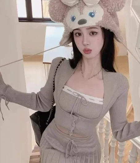 Woman Y2k Matching 3 Piece Set New Products Sweet Solid Knitted Cropped Patchwork Vest Slim Cardigan Mini Pleated Skirt Autumn