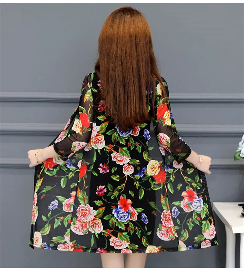 2024 Female Mid Length Large Size Sun Protection Cardigan Tops Coat Women Summer Gauze Lace Print Thin Sun Sunscreen Jacket 5XL