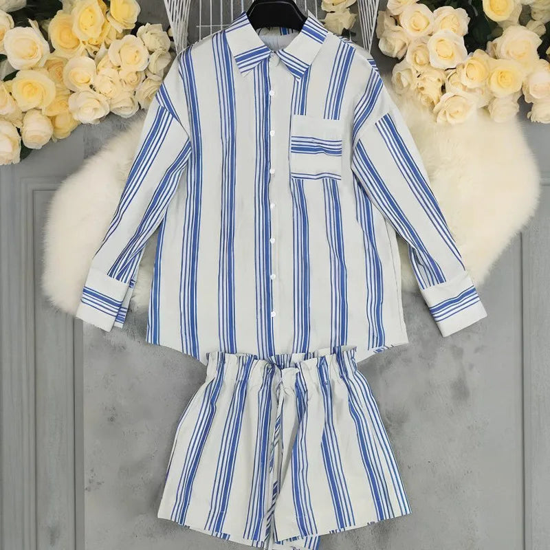 Casual 2 Piece Set For Woman 2025 Spring Summer Fashion Striped Print Shirts Tops And Shorts New In Matching Short Sets Outfits