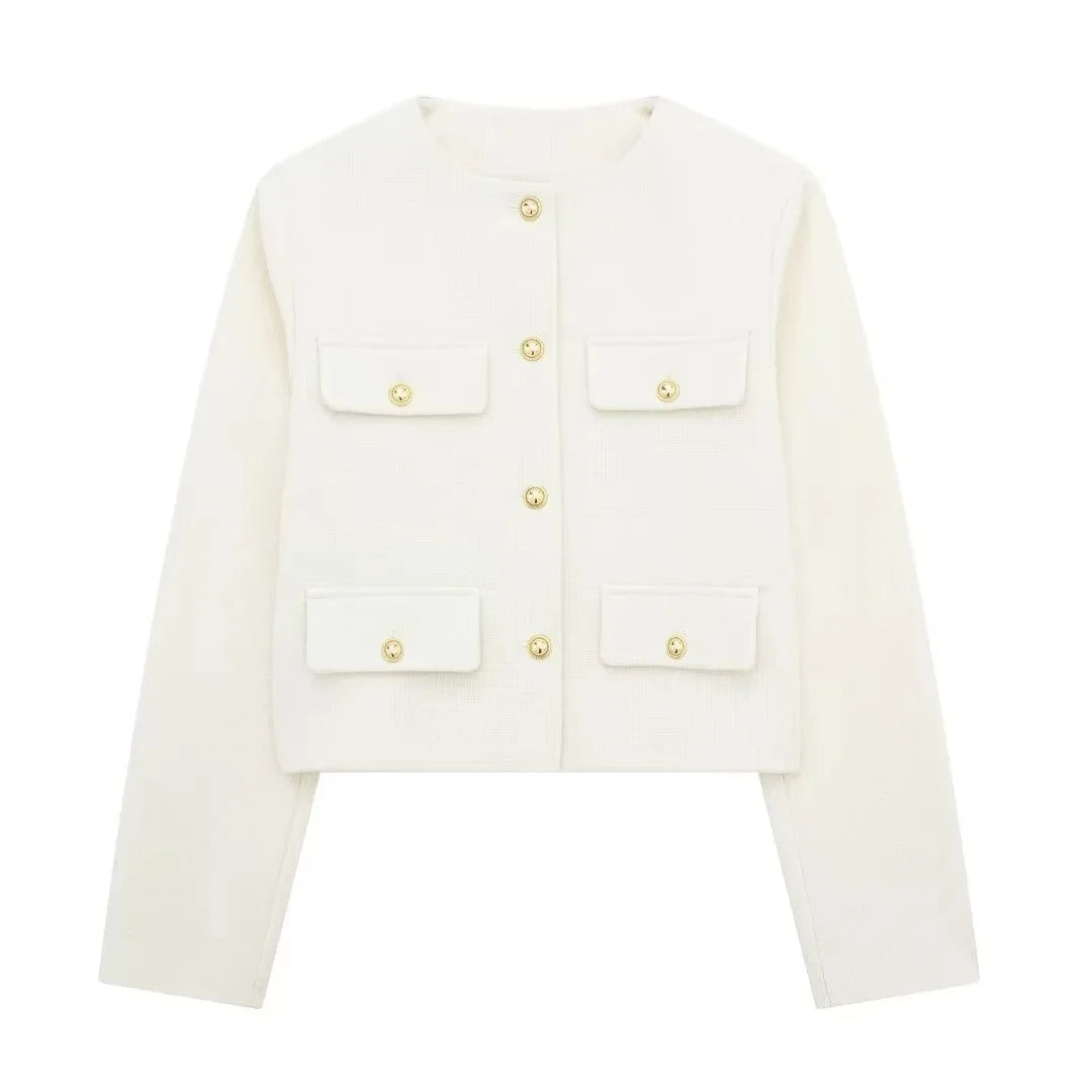TRAFZA Women Vintage Solid Coat Button Long Sleeve O Neck Jacket With Pocket 2024 Autum Elegant Female Casual Outerwear Jakcet