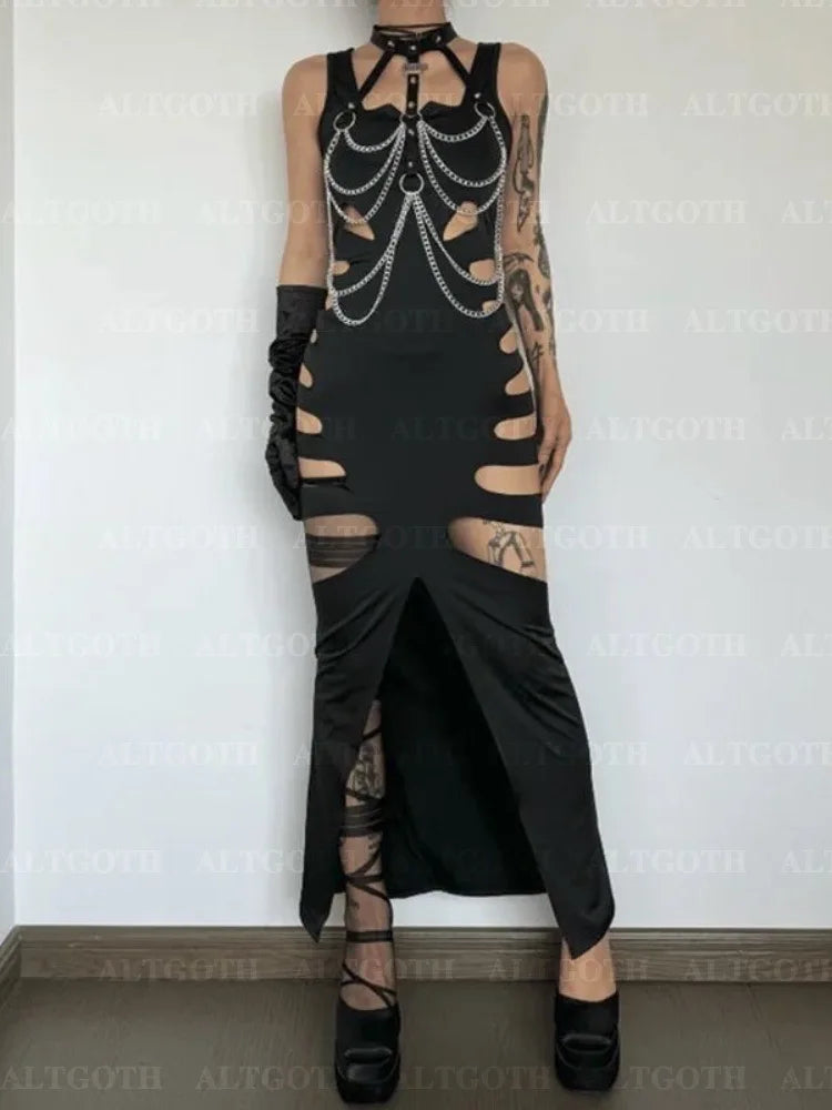 AltGoth Harajuku Gothic Dark Dress Women Streetwear Cyber Punk Y2k E-girl Grunge Sexy Hollow Out High Waist Bodycon Dress Female