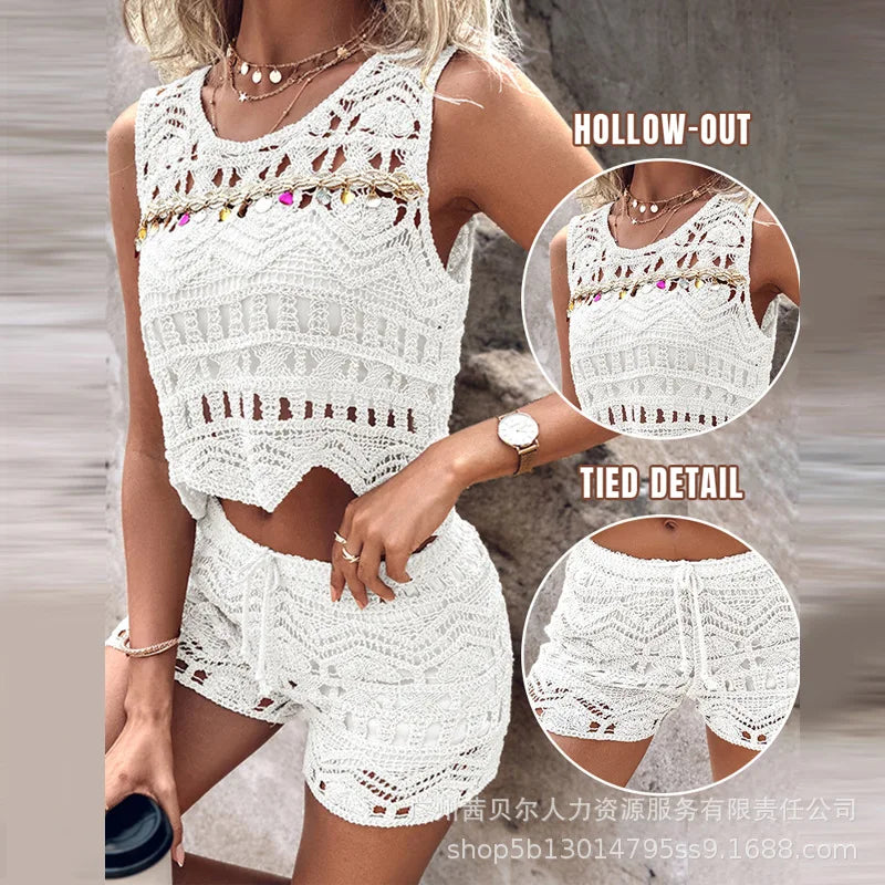 Spring Summer New Slim Solid Hollow Out Two-Piece Suit Women O-Neck Sleeveless Irregular Short Vest Drawstring Shorts Suit