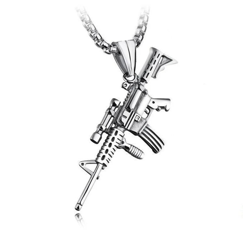 Men's Machine Gun Pendant Necklace Hip Hop Punk Black Gold Color Stainless Steel Chain Retro Accessories Hippie Rapper Jewelry