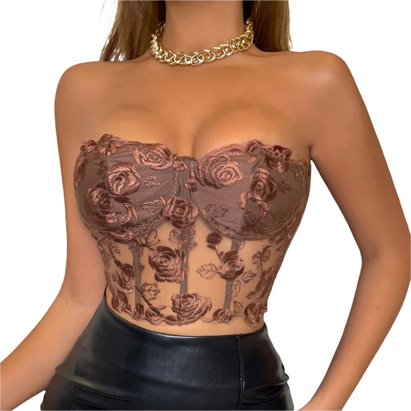 Women´s Bustier Tube Tops Rose Embroidery Flower See Through Off Shoulder Slim Fit Tank Top Summer Vest Aesthetic Grunge Clothes