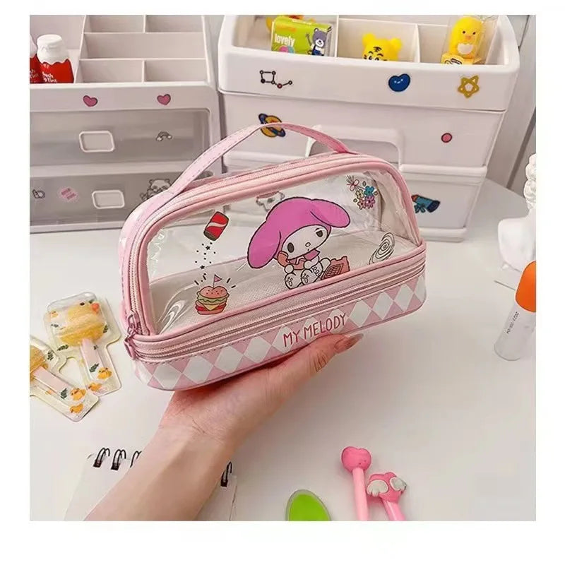 Cartoon Hello Kitty Pencil Case Cute Sanrio Kuromi Large Capacity Double Layer Multifuntion Portable Pen Cosmetic Bag Kids Gift