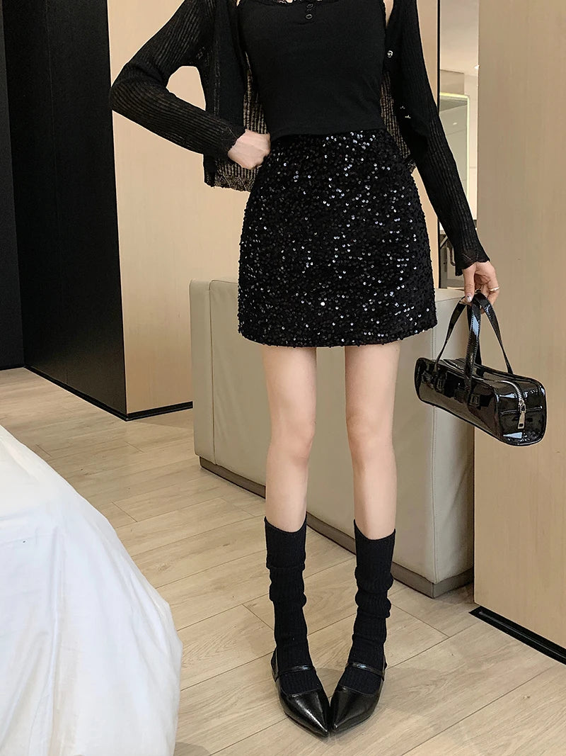 High Waist Sequined Casual A Line Skirts Women 2025 Elegant Korean Fashion Y2k Clothes Sweet Kawaii Black Micro Skirt Harajuku