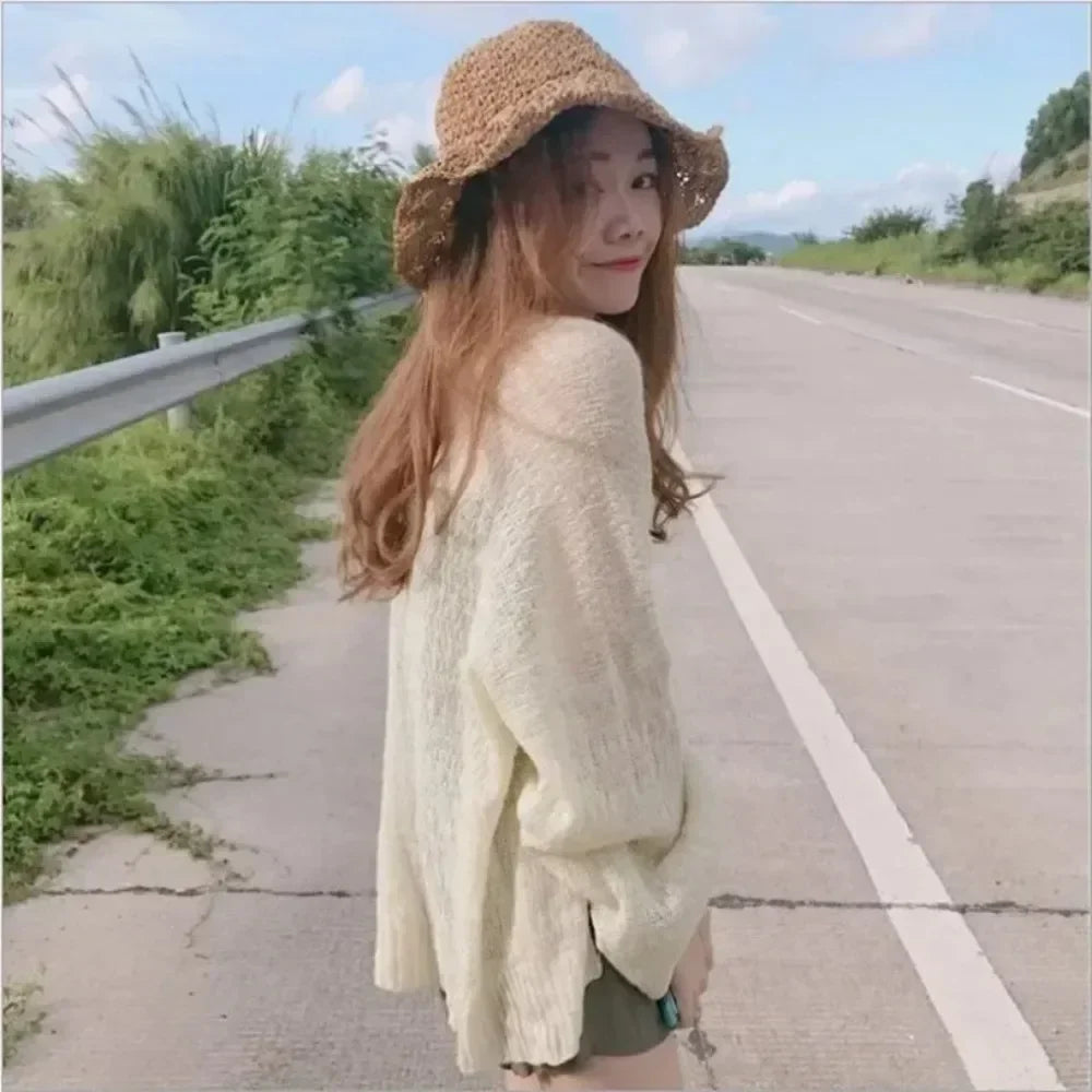 Women's Y2K Korean Cropped Cardigan - Loose Knit Summer Cover-Up for Beach Outfits & Casual Layers