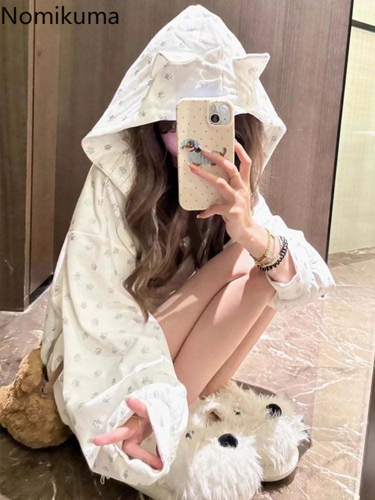 Cat's Ears Hooded Sweatshirts Women's Clothing Cute Y2k Tops 2025 Roap Mujer Cartoon Print Casual Fashion Japanese Hoodie Coat