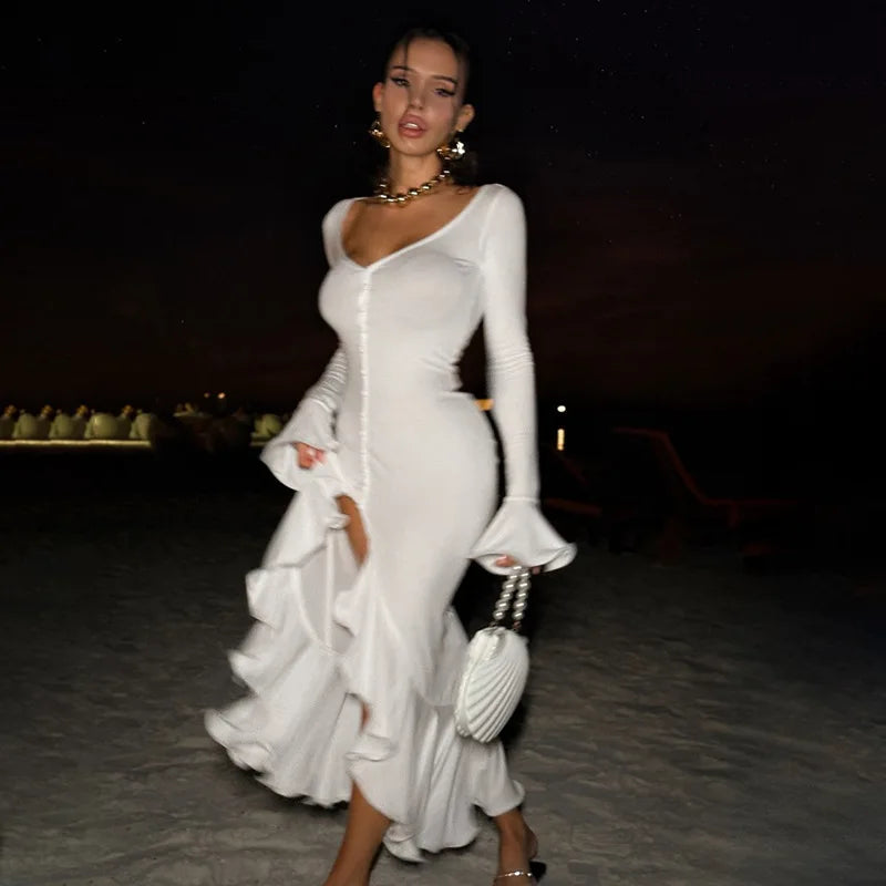 Sibybo Ruffles V Neck Bodycon Maxi Dress Women Fashion Single-breasted Flare Sleeve Side Split Irregular Party Dresses Robes