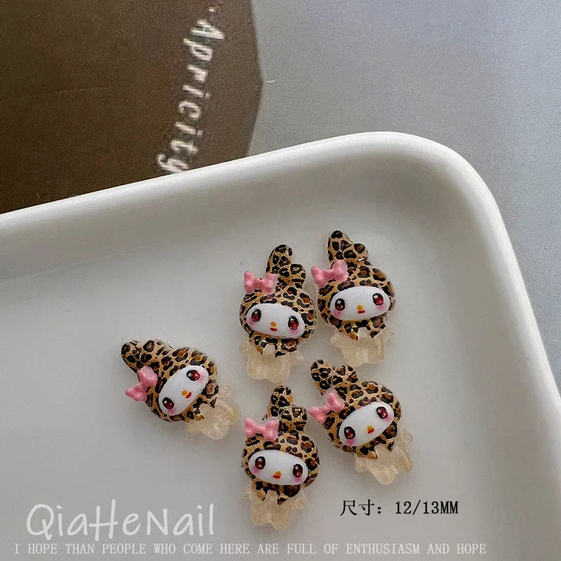 Sanrio Hello Kitty, Melody & Kuromi Cartoon Nail Accessories - 10PCS Cute Mini Resin Trinkets, Leopard & Maillard Print Pattern,
