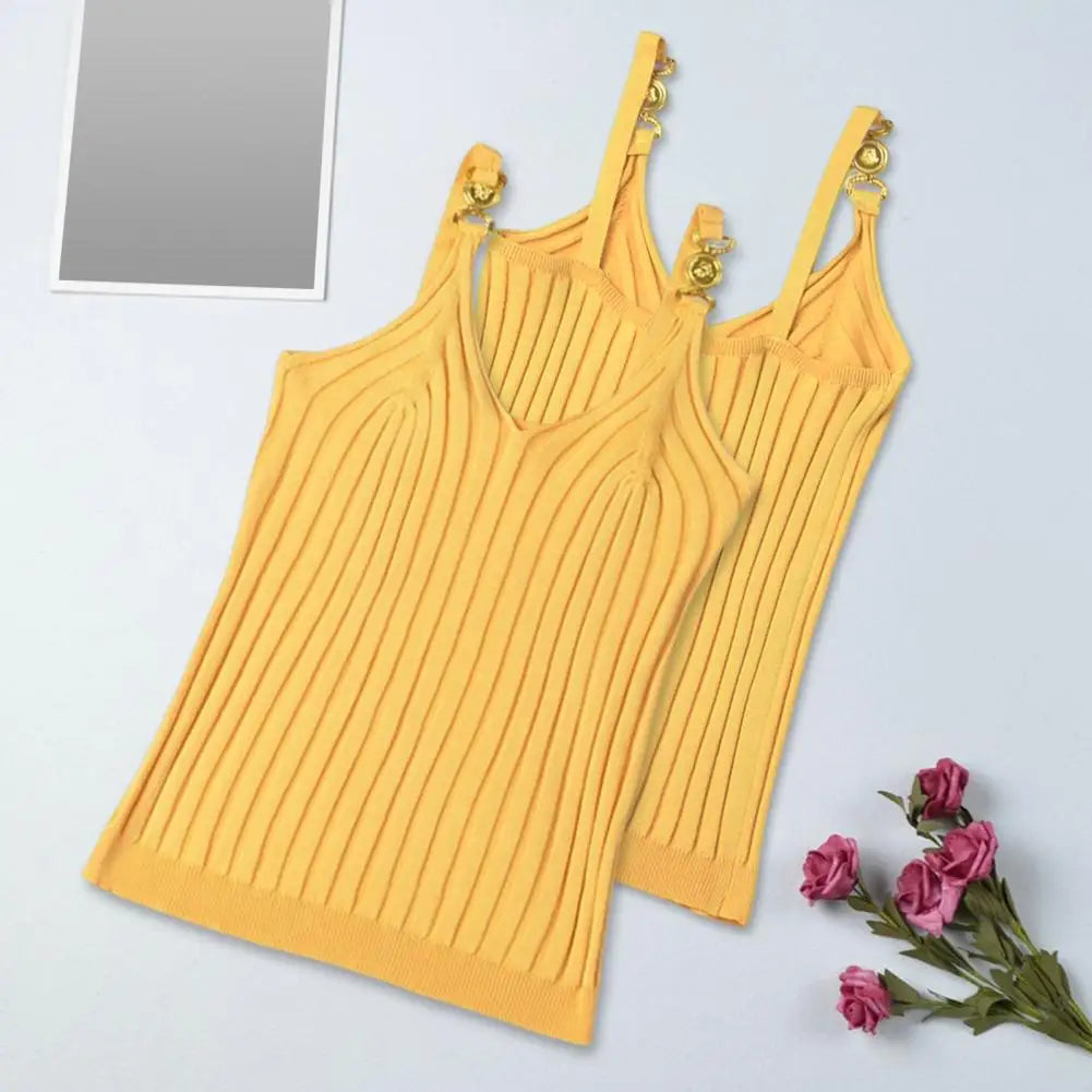 Women's Vest Solid Color Metal V Neck Backless Sleeveless Daily Wear Slim Striped Women's Summer Vest Women's Camisole Tops