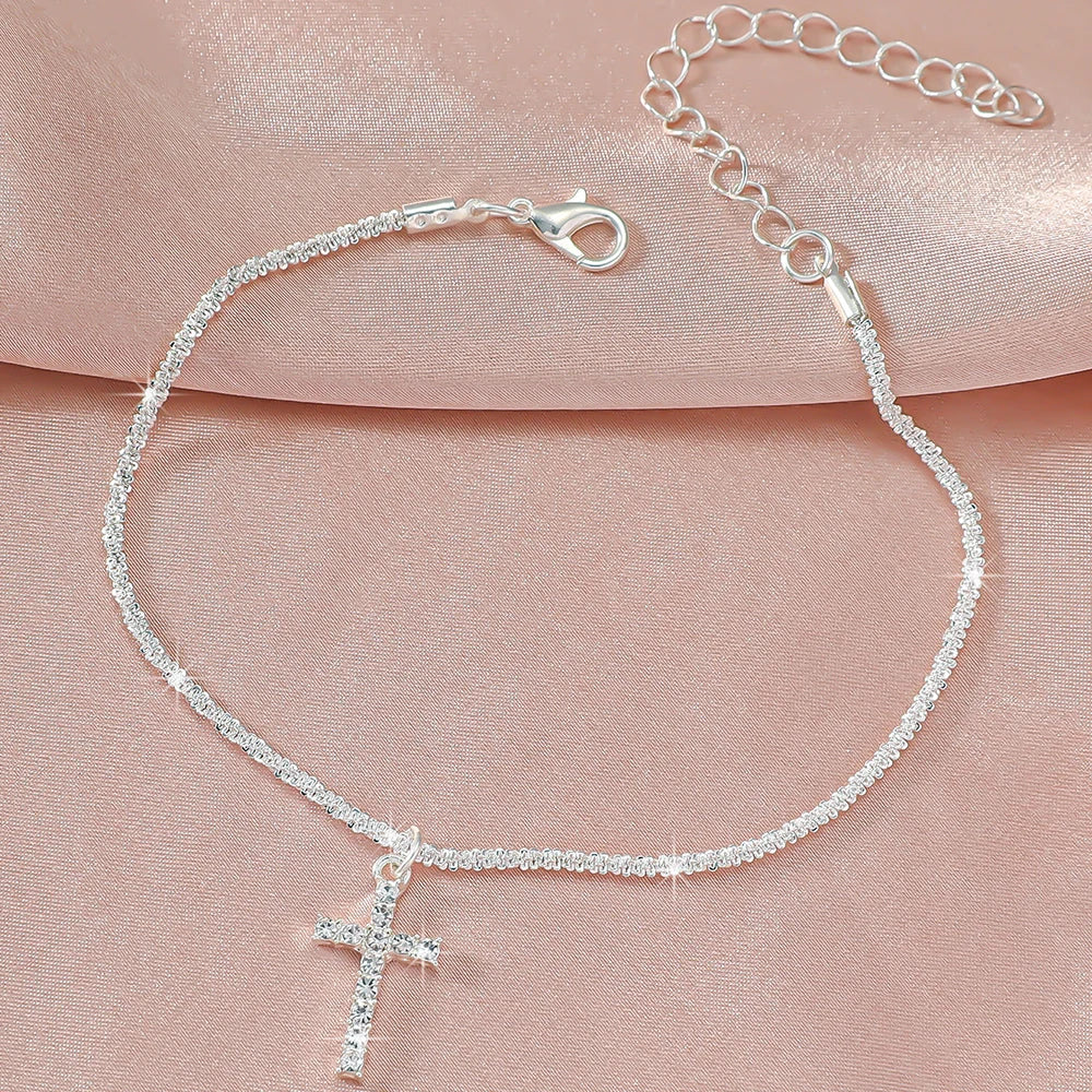 LATS Shiny Sparkling Simple Anklet for Women Gold Silver Color Elegant Jewelry Female Beach Ankle Bracelet on Foot Party Gift