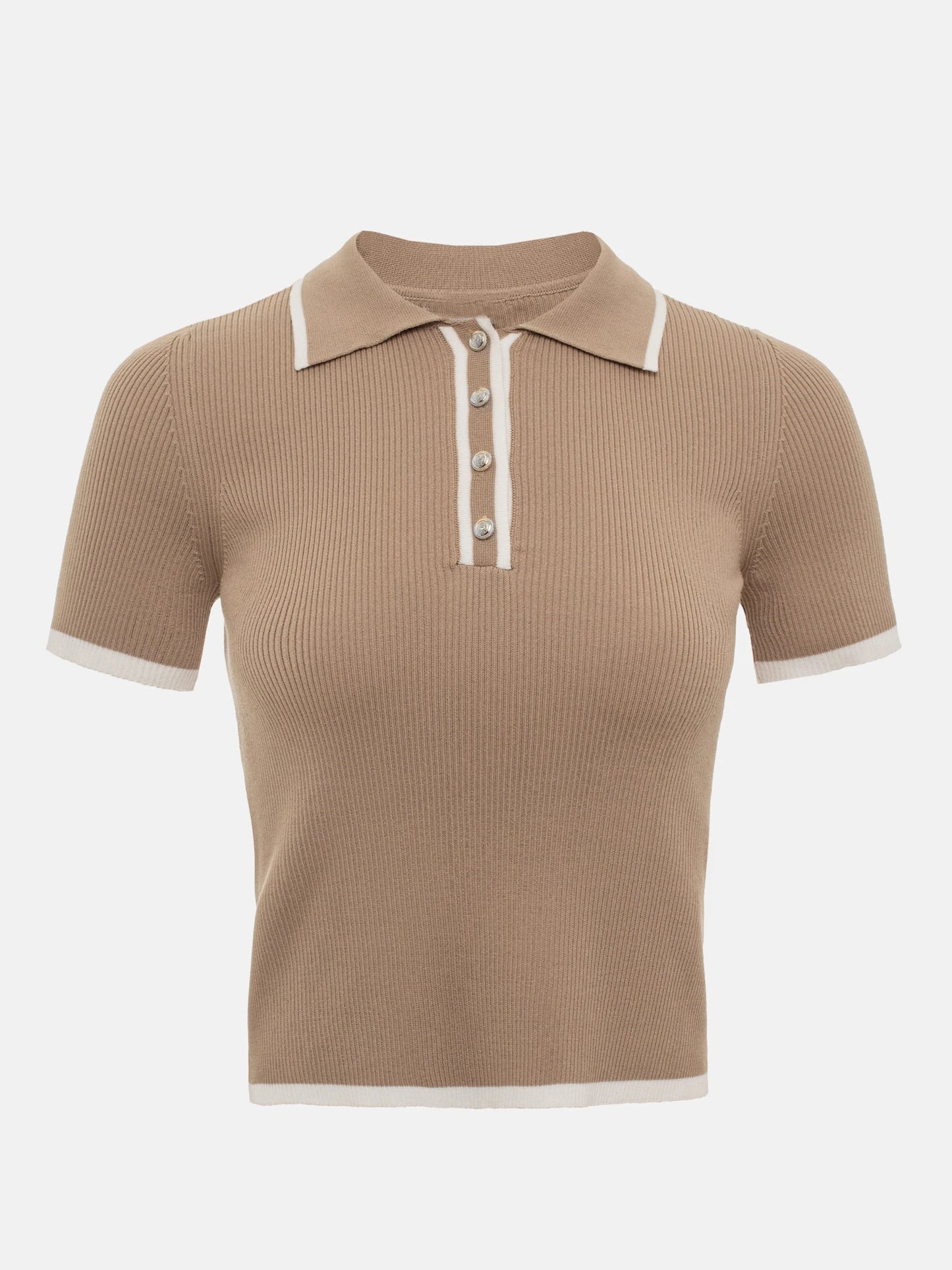 Knit Sweater Pullover Women Short Sleeve Patchwork Slim Lapel Elegant Contrast Knitwear Top Female Skinny Ribbed Pullover