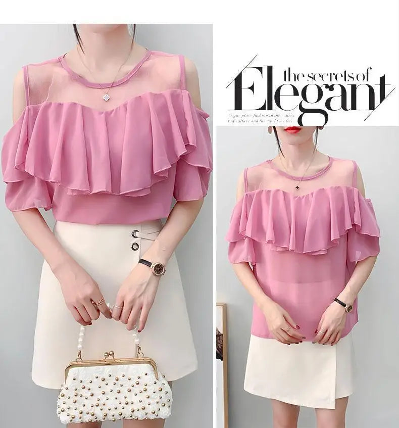 Off Shoulder Sexy Chiffon Blouses Women 2025 Summer Korean Fashion Clothes Ruffles Slim Sweet Ladies Casual Lace Tops Shirts Y2k