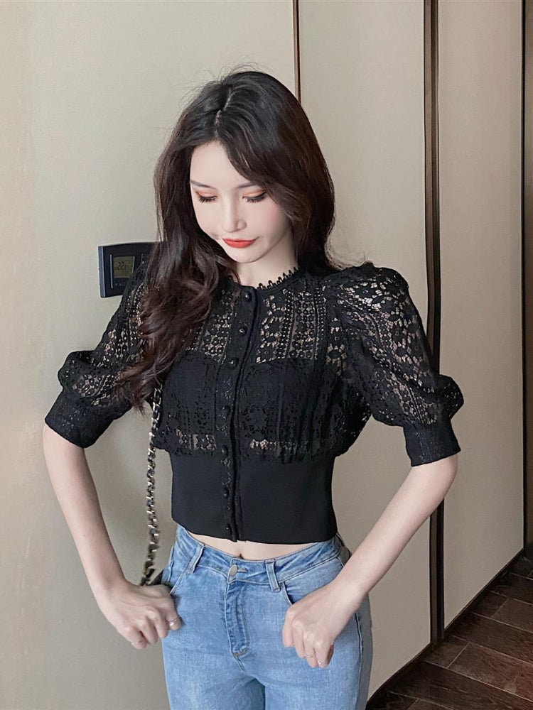 Woherb Sweet Crochet Top Blouse Women Sexy Hollow Out Shirt Vintage Puff Sleeve Korean Shirts Fashion Chic Tops Blusas
