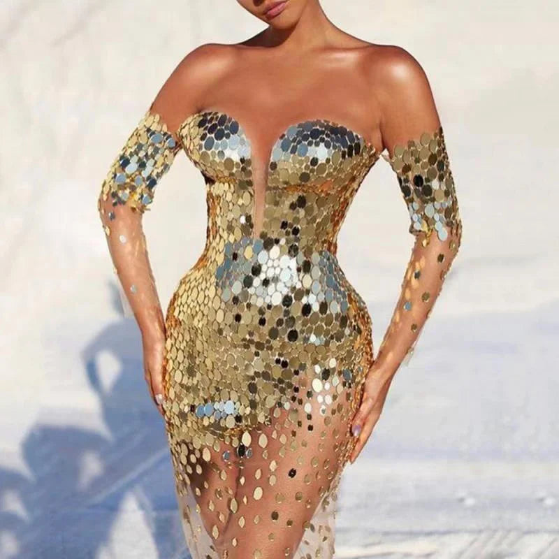 Sexy Dresses for Women One-shoulder Birthday Party Evening Dress Female Long Sleeve Gothic Sequins Elegant Ladies Clothes Dress