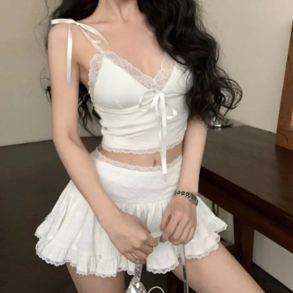 Sensually Innocent Style Ribbon Lace Camisole Slim Fit Ballet Summer Tube Top with Breast Pad INS Hip Hop Short Tank Women Girl