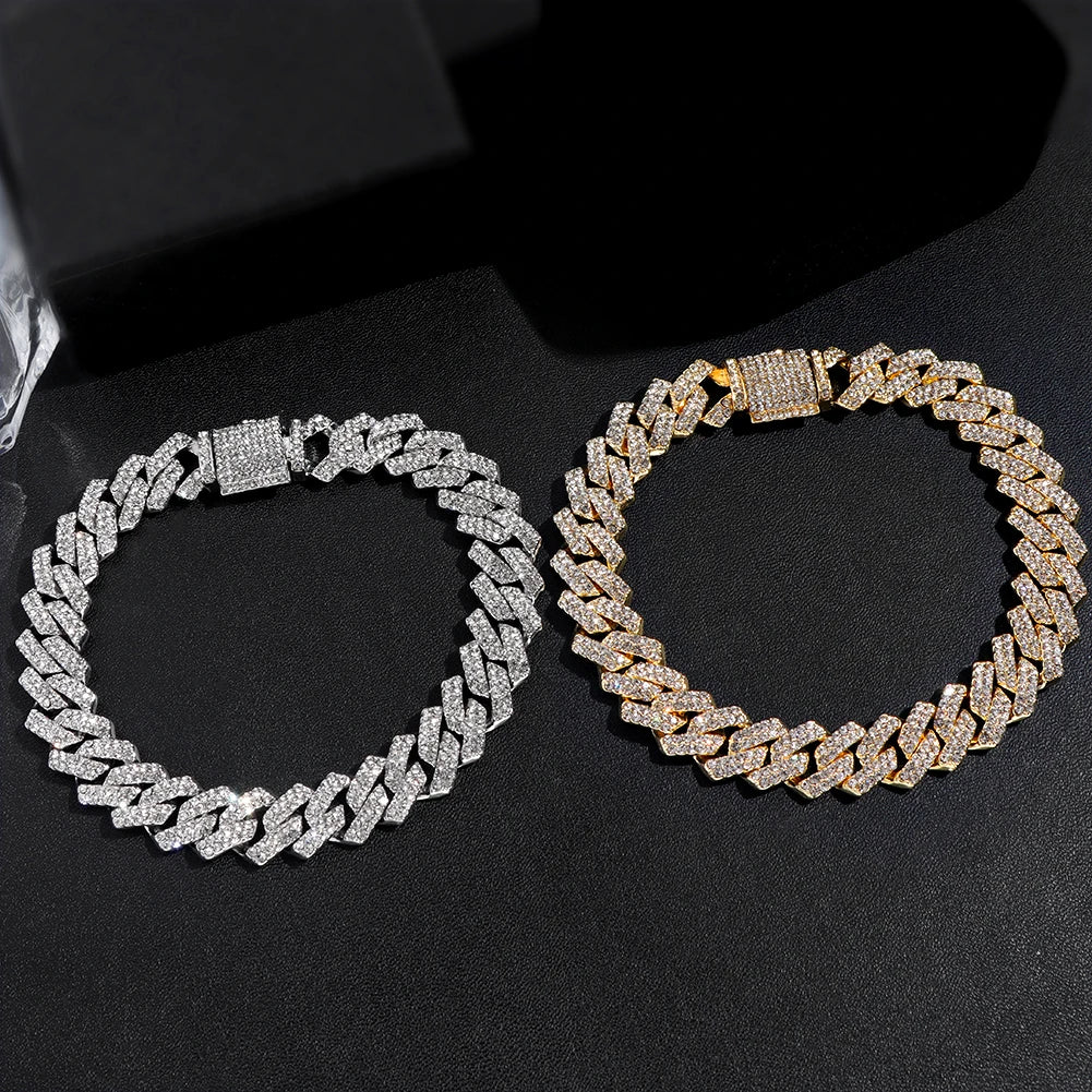 14MM アイスプロングリンク キューバンチェーンブレスレット メンズ レディース フルラインストーン チャンキー マイアミ キューバンブレスレット パンク ヒップホップ ジュエリー ギフト