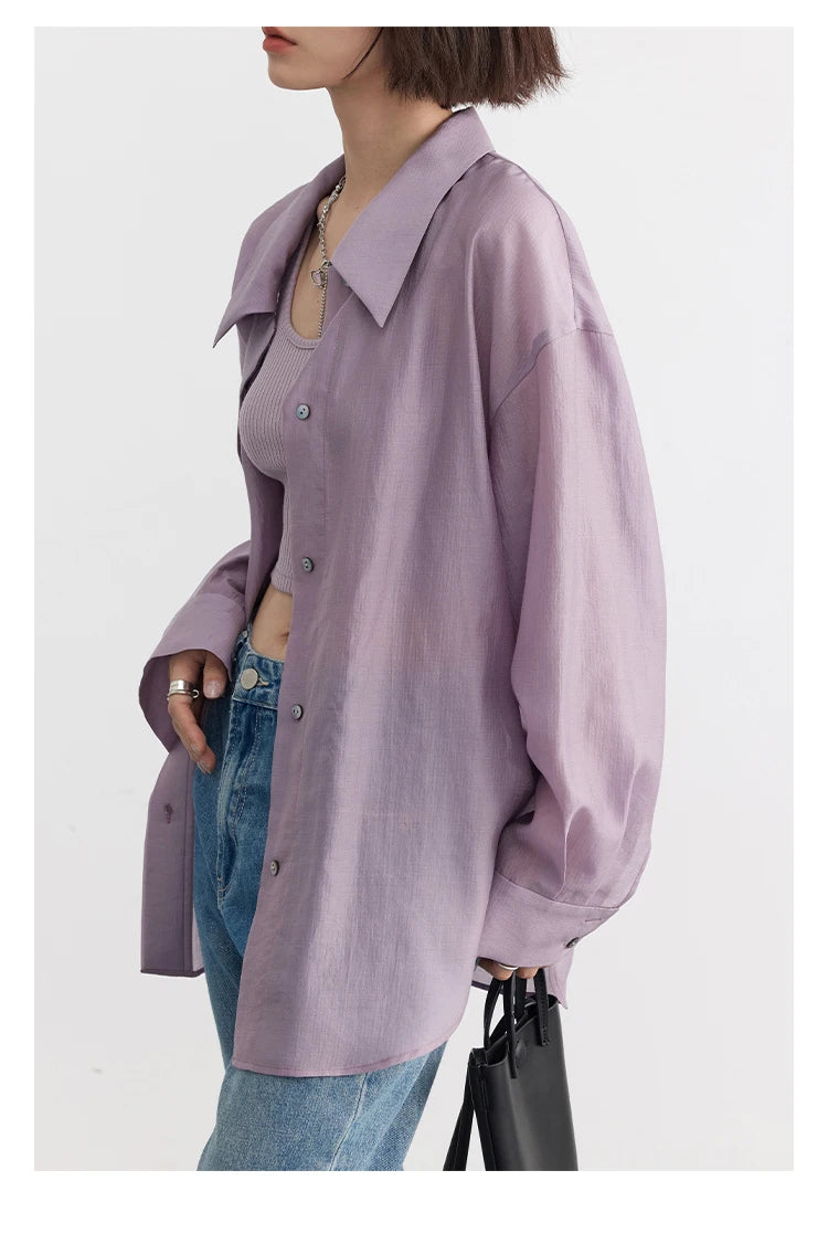 CHIC VEN Women Thin Shirt Long Sleeve Casual Loose Slightly Transparent Cool Blouses Woman Solid Design Female Top Summer 2024