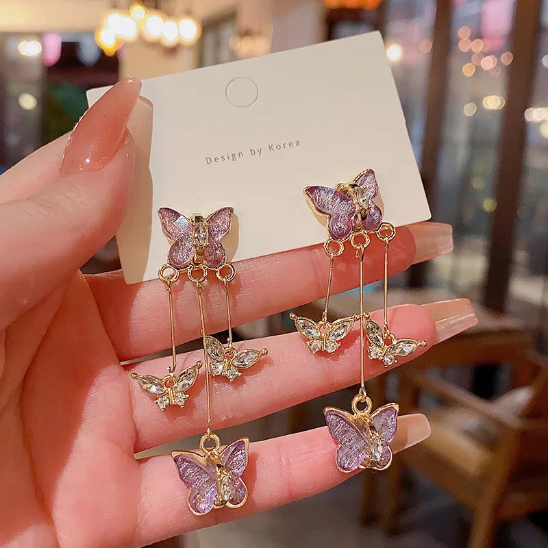 925 Silver Needle Purple Butterfly Long Tassel Earrings For Women Jewelry 2025 Trending Korean Fashion Luxury Crystal Earrings