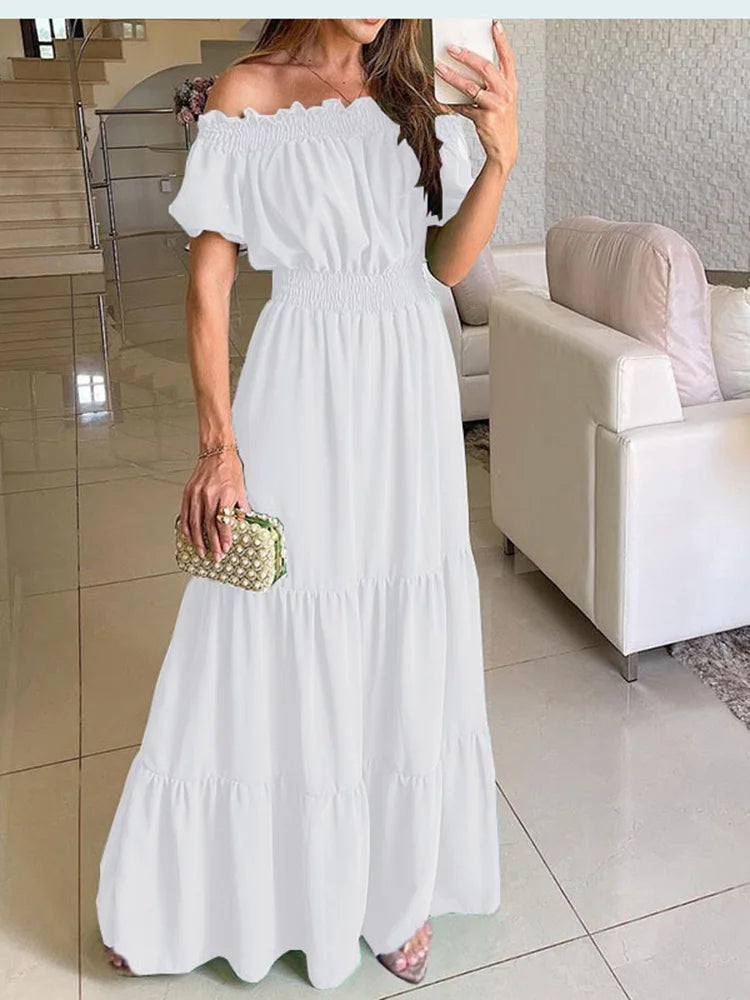 2025 Summer Solid Boho Dress Women Fashion Elegant Beach Party Dress Casual Slash Neck Office Maxi Dresses For Woman Robe Femme