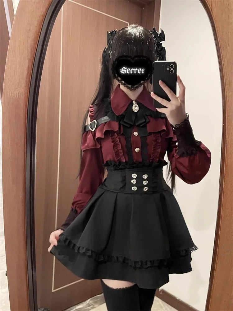 Kawaii Off Shoulder Long Sleeve Shirts Women Black Short Skirt Set Y2K Gothic Ruffle Skirts Lace Lolita Shirt Gown Suit 