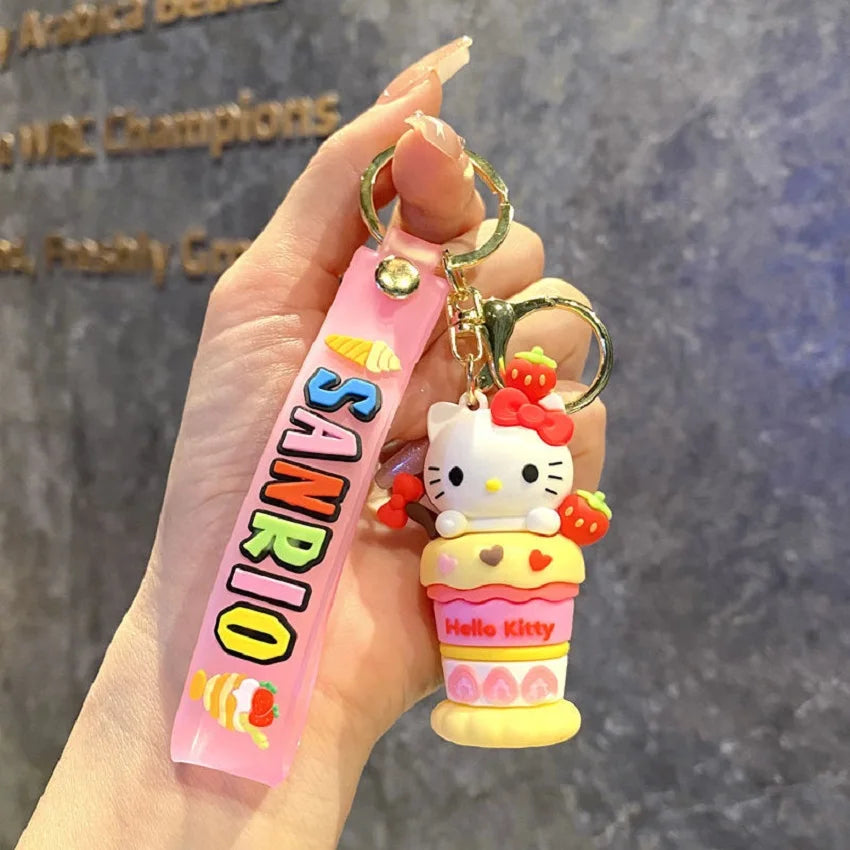Ice cream Sanrio Hello Kitty Figures Keychain Kuromi My Melody Action Figural Model PVC Key Ring Cinnamoroll Birthday Gifts