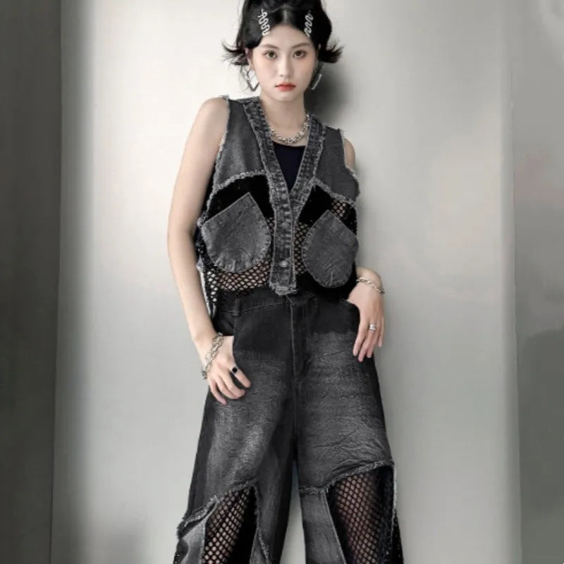Grid Stitching V-Neck Denim Vest Women's Summer Fried Street Fashion Brand Loose Burrs Short Sleeveless Vests Jackets Female