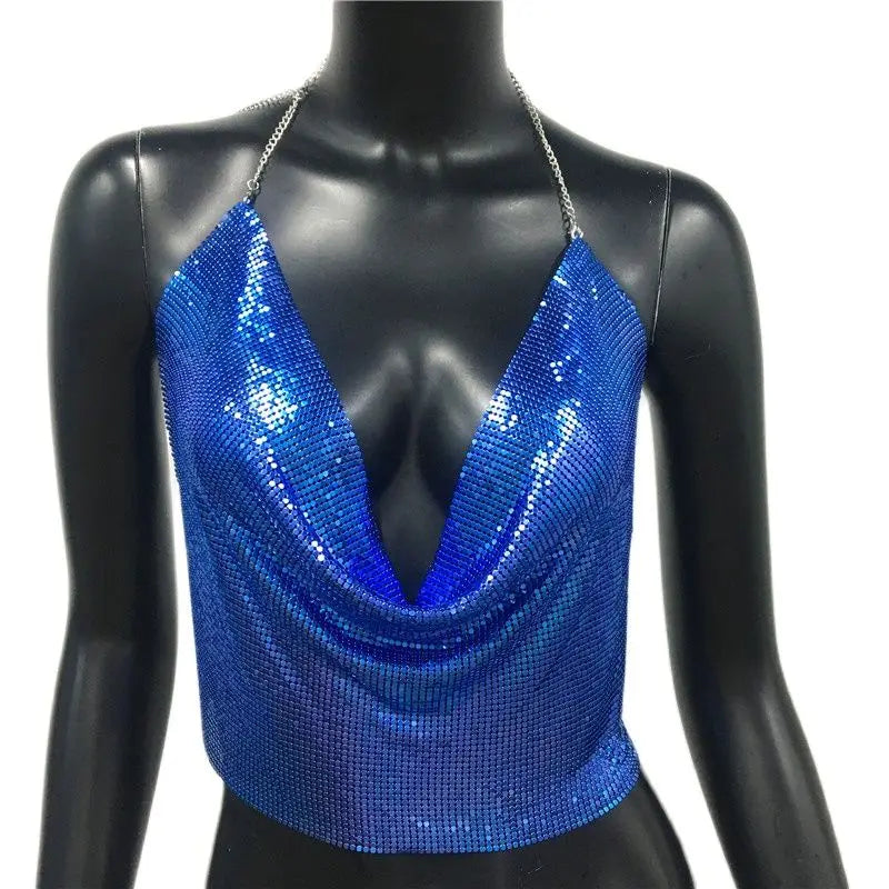 Glitter Metal Sequins Backless Camisole For Women Sexy Deep V Neck Halter Neck Sleeveless Tank Top Lady Nightclub Party Crop Top