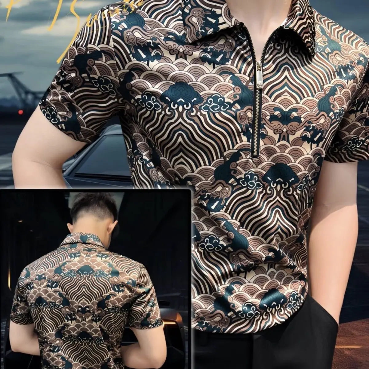 New Chinese Trend Leading Half-zip Men's Short-sleeved Shirt, Hong Kong Style Top