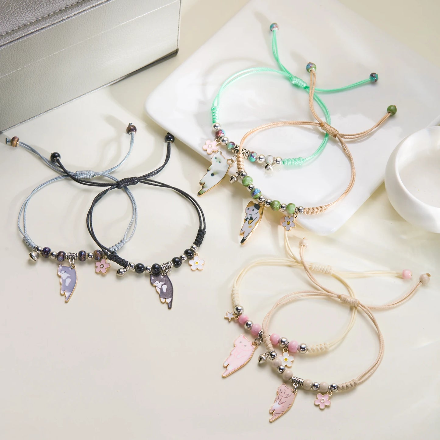 Cartoon Enamel Animal Cat Flower Bracelet for Girl Kids Women Charm Pet Pendant Strap Rope Bracelets Handmade Friendship Jewelry