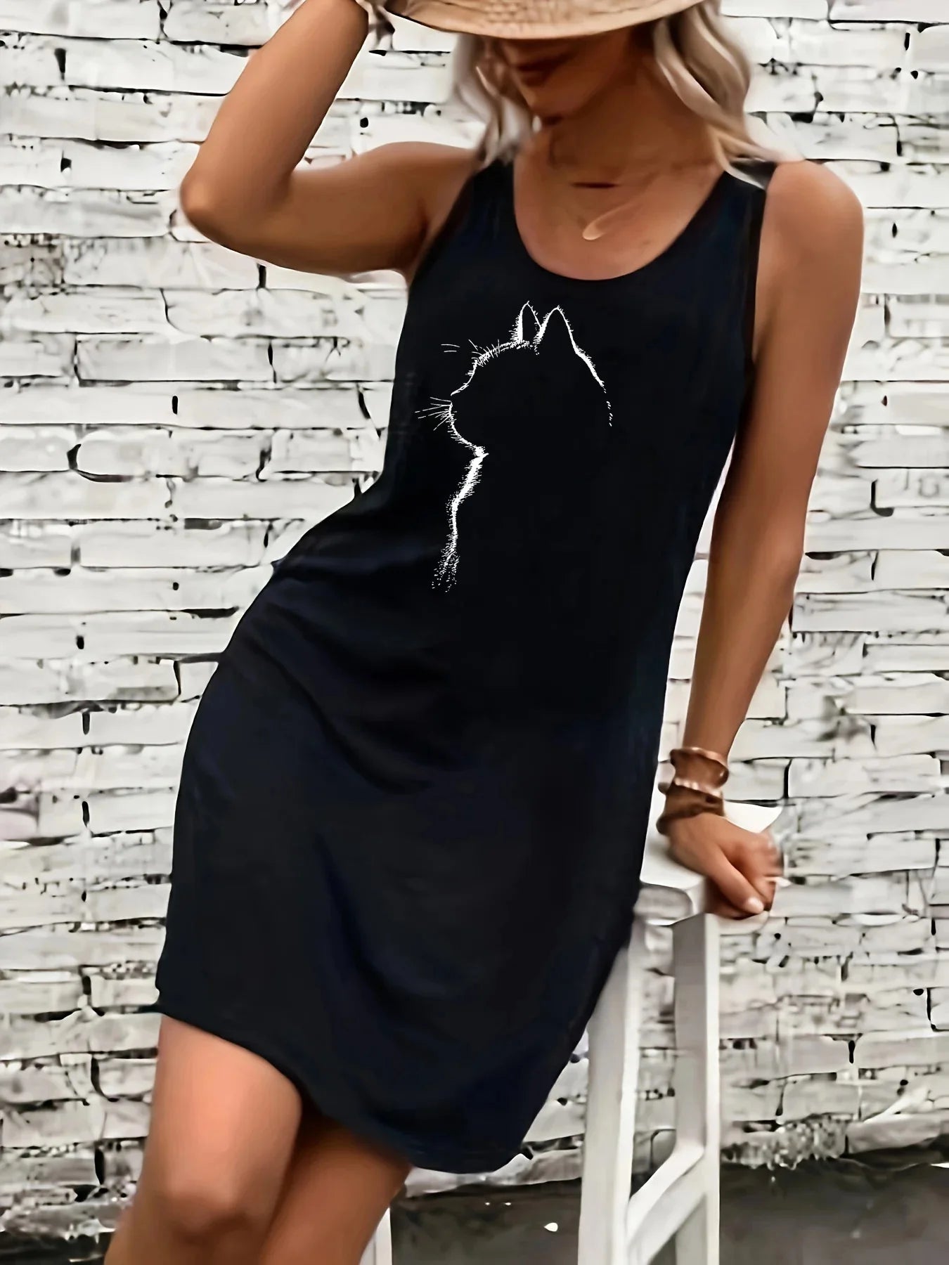 Women's summer loose, comfortable, casual, fashionable cat pattern printed black sleeveless vest skirt punk style dress