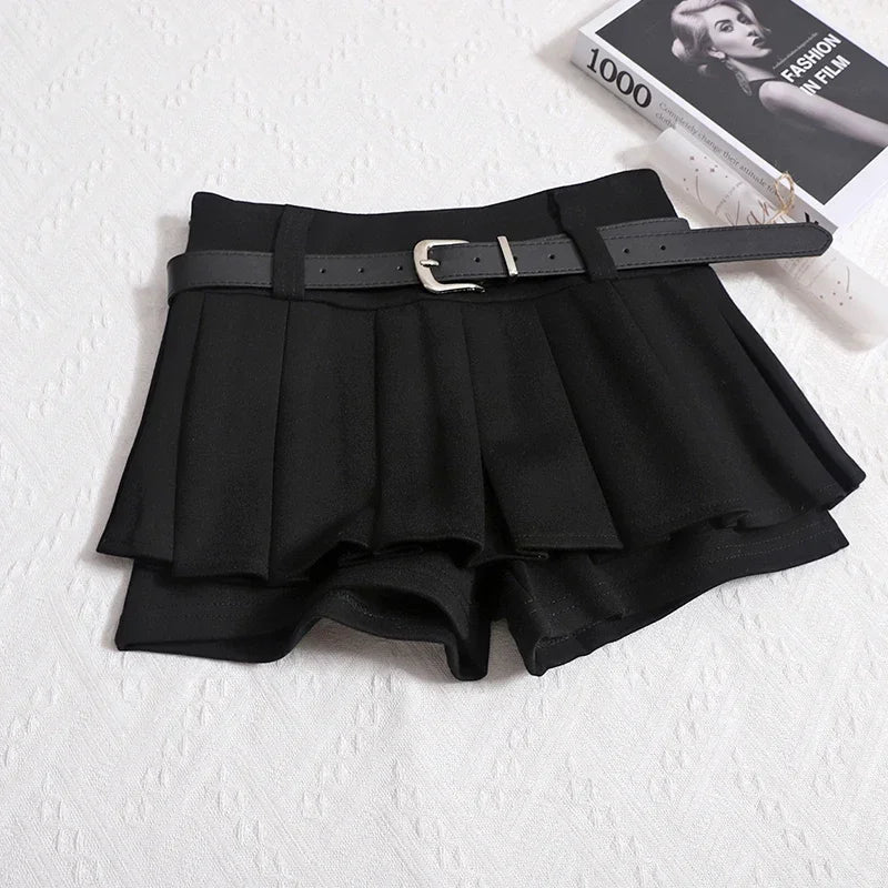 Kimotimo Womens Shorts Autumn Winter Belt High Waist Fluffy Pleated A-line Short Pants Korean Fashion Sexy Y2k All Match Clothes