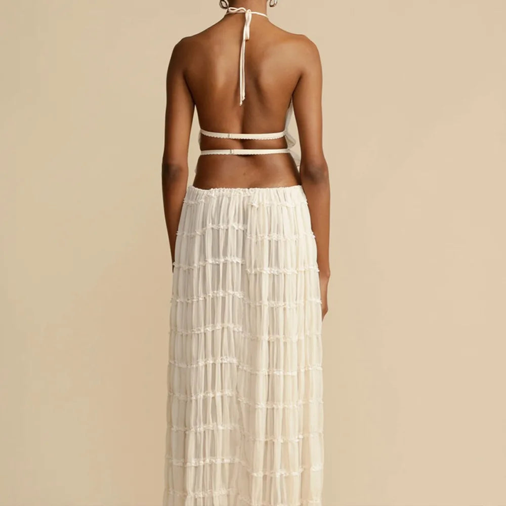 2024 Summer Party Elegant Women Beach Skirt Suit Sleeveless Backless Cropped Halter Lace Up Tops And Long Skirts Two Piece Sets