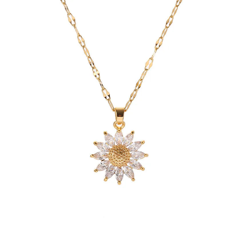 1PCS Gold-color Necklace Ladies Light Luxury Style Flower Pendant Inlaid Zirconia Titanium Steel Chain Holiday Jewelry