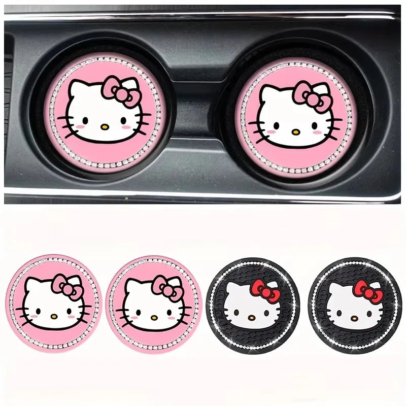 2pcs Kawaii Sanrio Hello Kitty Car Coaster,Cute Cartoon Non-slip Heat Insulation Coasters, Cup Pads Mat, Cup Holder Decoration