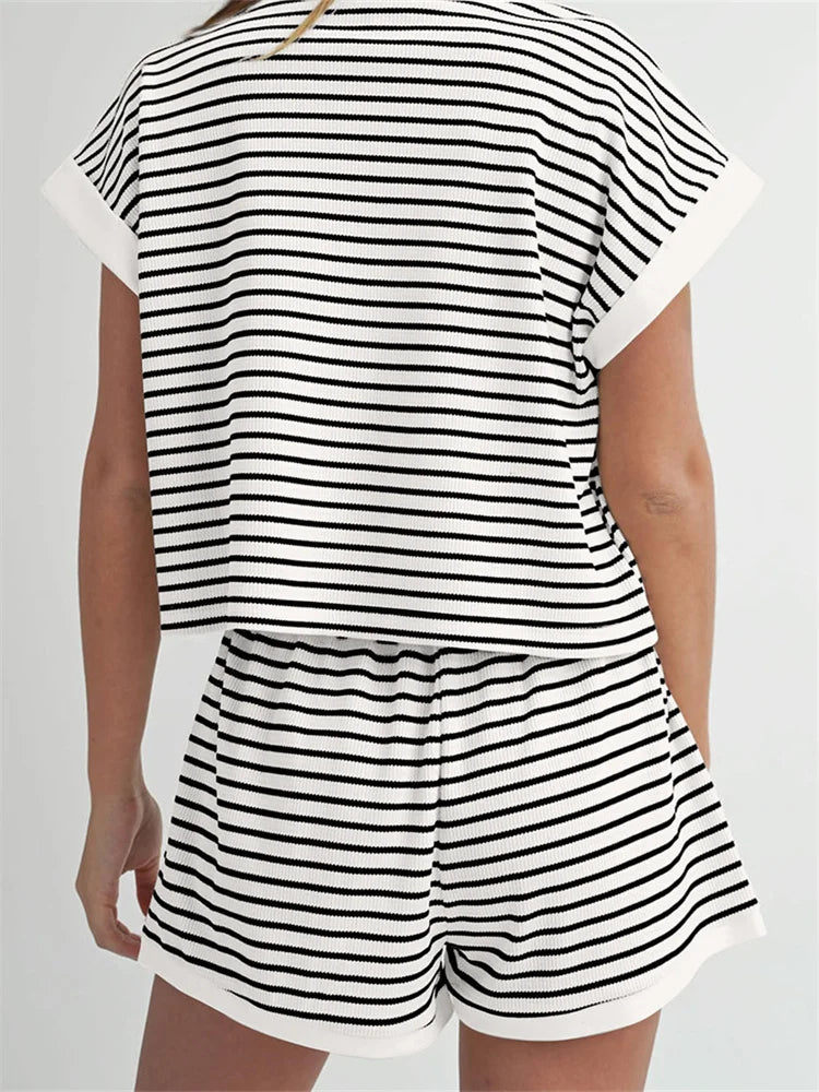 CHRONSTYLE Women Loose Casual Knitted 2 Piece Outfits Short Sleeve Striped Print Sweaters Tops Shorts Set Summer Fall Streetwear